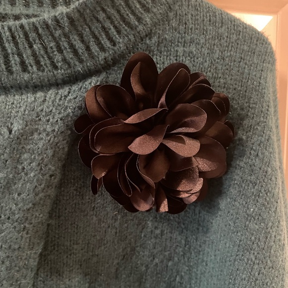 Women's Cozy Crewneck Cardigan Sweater with Floral Pin - Teal - Picture 3 of 4